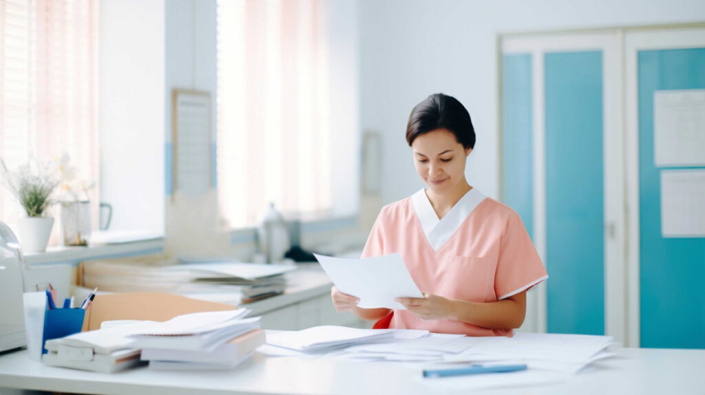 A nurse reading printed results on a desk.