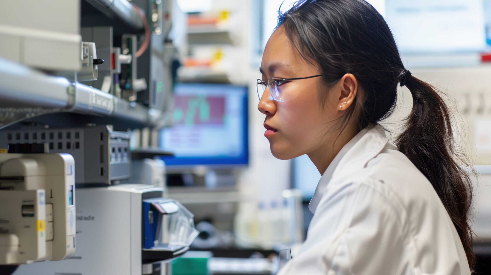 Young medical professional using laboratory equipment.