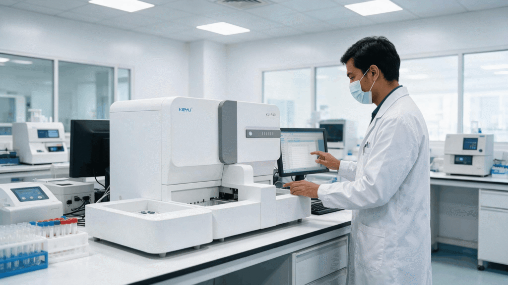 A medical professional using the KU-F40 fecalysis analyzer.