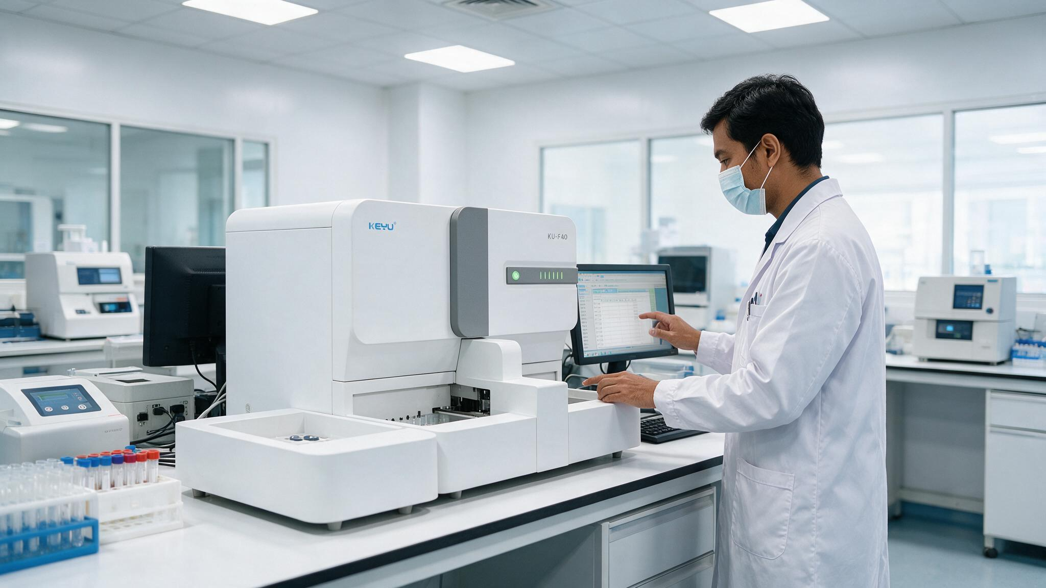 A medical professional using the KU-F40 fecalysis analyzer.