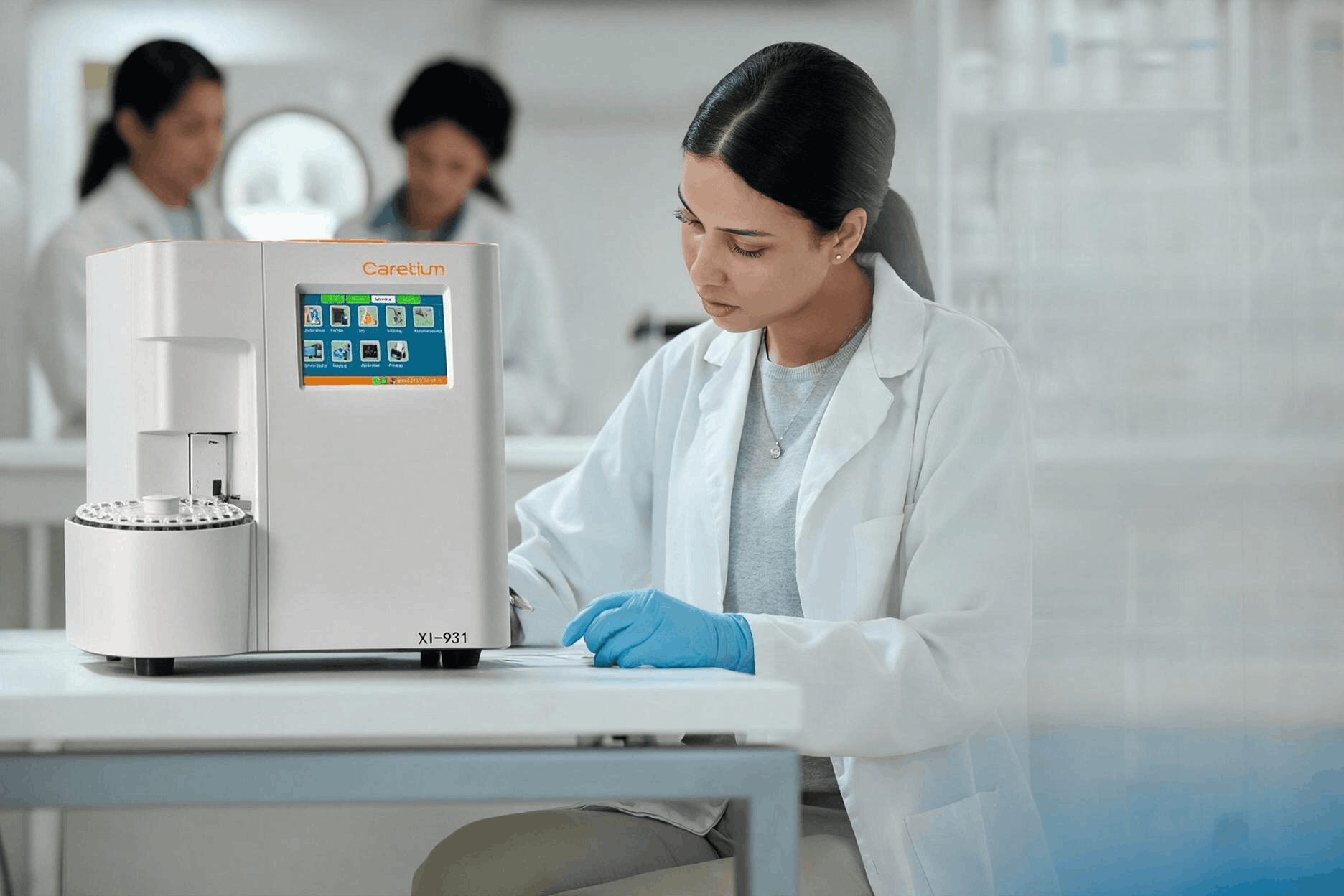 A MedTech working next to an electrolyte analyzer.